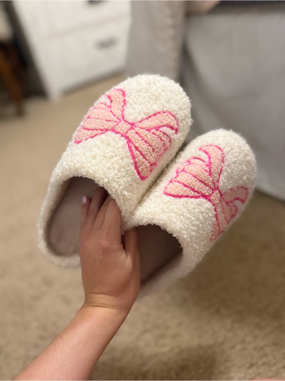 Cozy Cream Kids Slippers with Pink Bow Embroidery